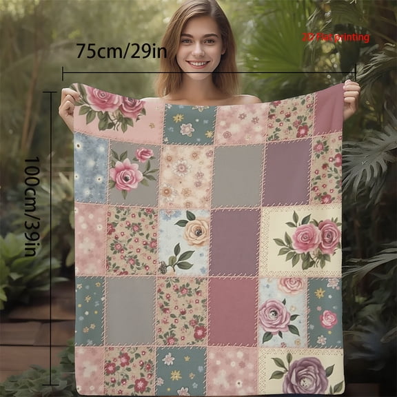 Soft Flannel Blanket 2D Flat Print, High Definition Floral Patchwork in Pink Purple Grey, Cozy Warm All Seasons Blanket for Napping Sofa Versatile Gift