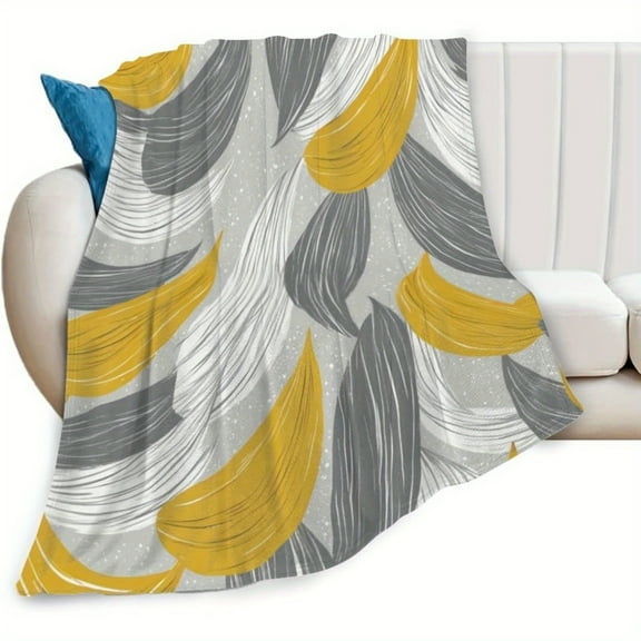 Soft Flannel Blanket with Abstract Watercolor Brushstroke Design in Grey Mustard Yellow & White – Lightweight All-Season Comfort for Bed Sofa or Couch – Machine Washable Home Decor