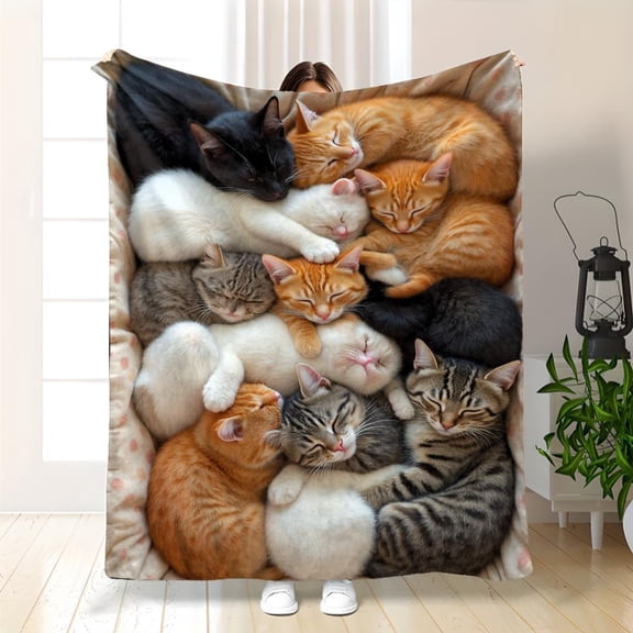 Soft Flannel Blanket with Adorable Kitten Print - Cozy Quilted Bedspread Suitable for Bed, Sofa, Car & Camping - All-Season Warmth in Neutral Tones (Kittens, Cats) - Contemporary Bed Covering