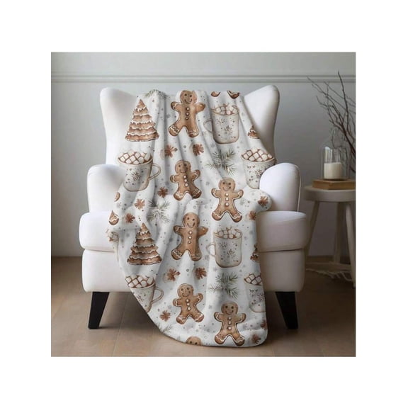 Soft Flannel Blanket With Gingerbread Man, Hot Cocoa & Tree Patterns - Warm Cozy Throw For Couch Bed Sofa - Festive Winter Holiday Decorative Fleece Blanket(280 Gsm)