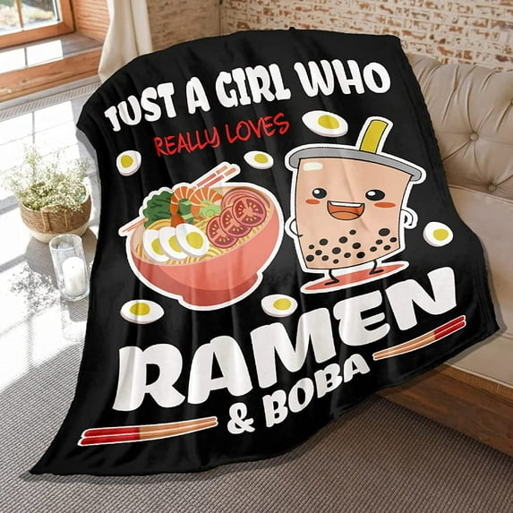 Soft Flannel Blanket Just Girl Who Loves Ramen and Bobas Lightweight Plush Throw Air Conditioner Quilt for Women Men Couch Bed Sofa Decorative Blankets 80"x60"s