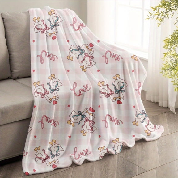 Soft Flannel Blanket with Pink White Gingham & Bow Duck Design, Cozy Throw Blanket for Home Decor, Mother's Day & Birthday Present for Her Mom, Multi-Size 50×60/60×80inch