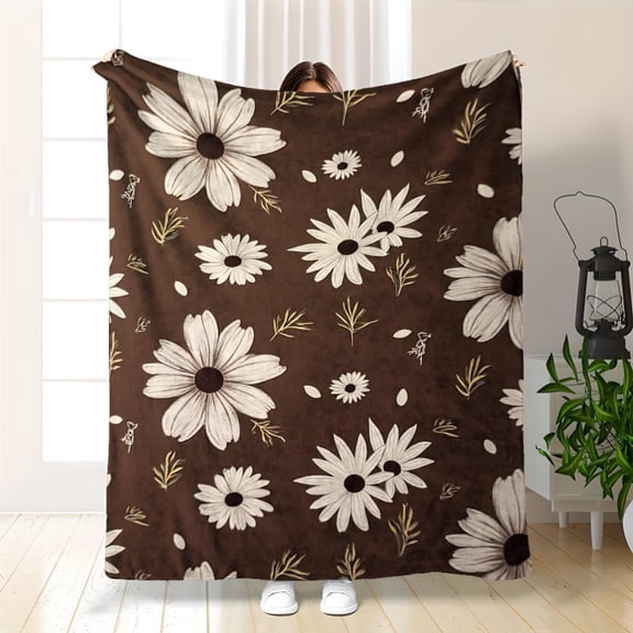 Soft Flannel Blanket | Plush All-Season Bedspread, White Daisy & Brown Floral Print on Dark Brown, Machine Washable Cozy Comforter for Couch Bed Gift, Home Decor