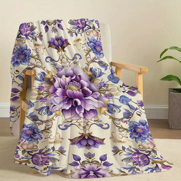 Soft Flannel Blanket with Purple Flowers Print - Lightweight, Warm Throw for Bed, Sofa, Office, Camping, and Travel - All-Season Comfort, Polyester, 200-250g