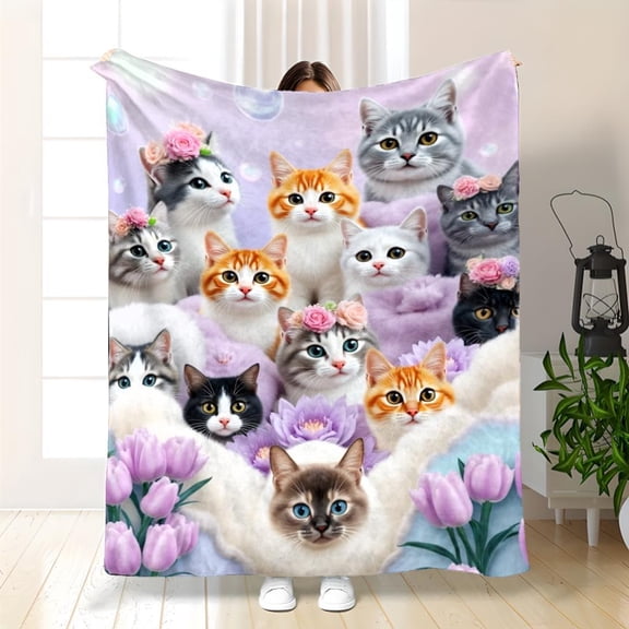 Soft Flannel Blanket Suitable for - Cozy Cat & Floral Bedspread, Light Beafe Contemporary Bedspread for s &, Warm Bedcover for all-Season Comfort, Ideal Gift for Animal Lovers (Flannel)