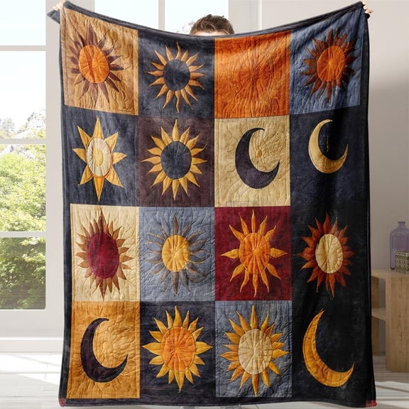 Soft Flannel Blanket with Sun Moon Design, Cozy Throw for Office School Home Picnic Travel Gift, New Style Comfortable Bedding Accessory, Soft Lightweight Blanket