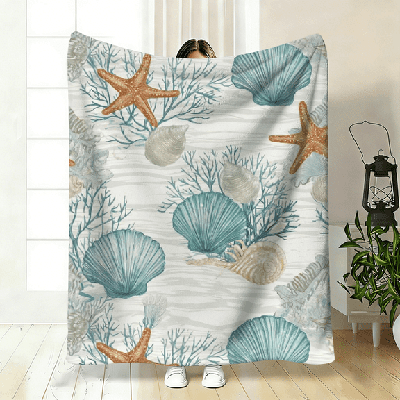 Soft Flannel Blanket with Tropical Marine Life Design Starfish Seashells Pattern, AllSeason Cozy Throw for Home Decor, Bed, Couch, or Gift.