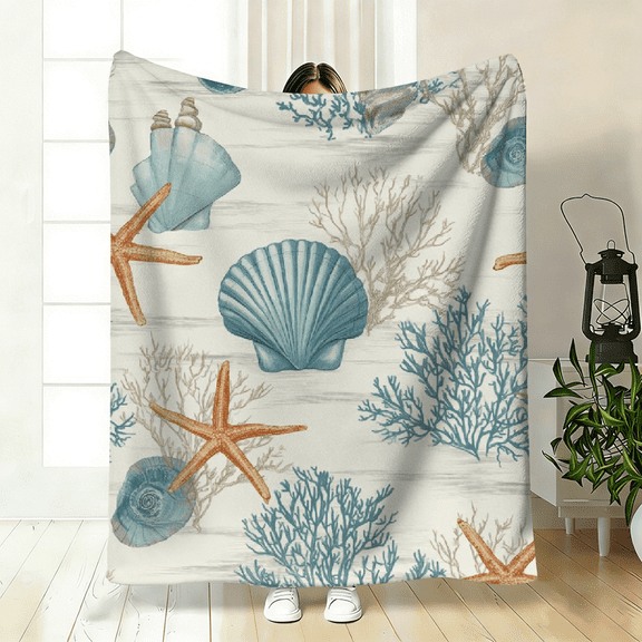 Soft Flannel Blanket with Tropical Marine Life Design Starfish Seashells Pattern, AllSeason Cozy Throw for Home Decor, Bed, Couch, or Gift, Contemporary Style Mixed Colors.