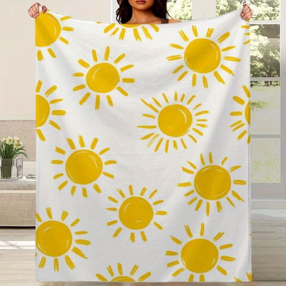 Soft Flannel Blanket - White & Yellow Sun Design, All-Season Cozy Throw for Bed, Couch, Travel - Lightweight Warmth, Plush Texture, Vibrant Sun Motif on White