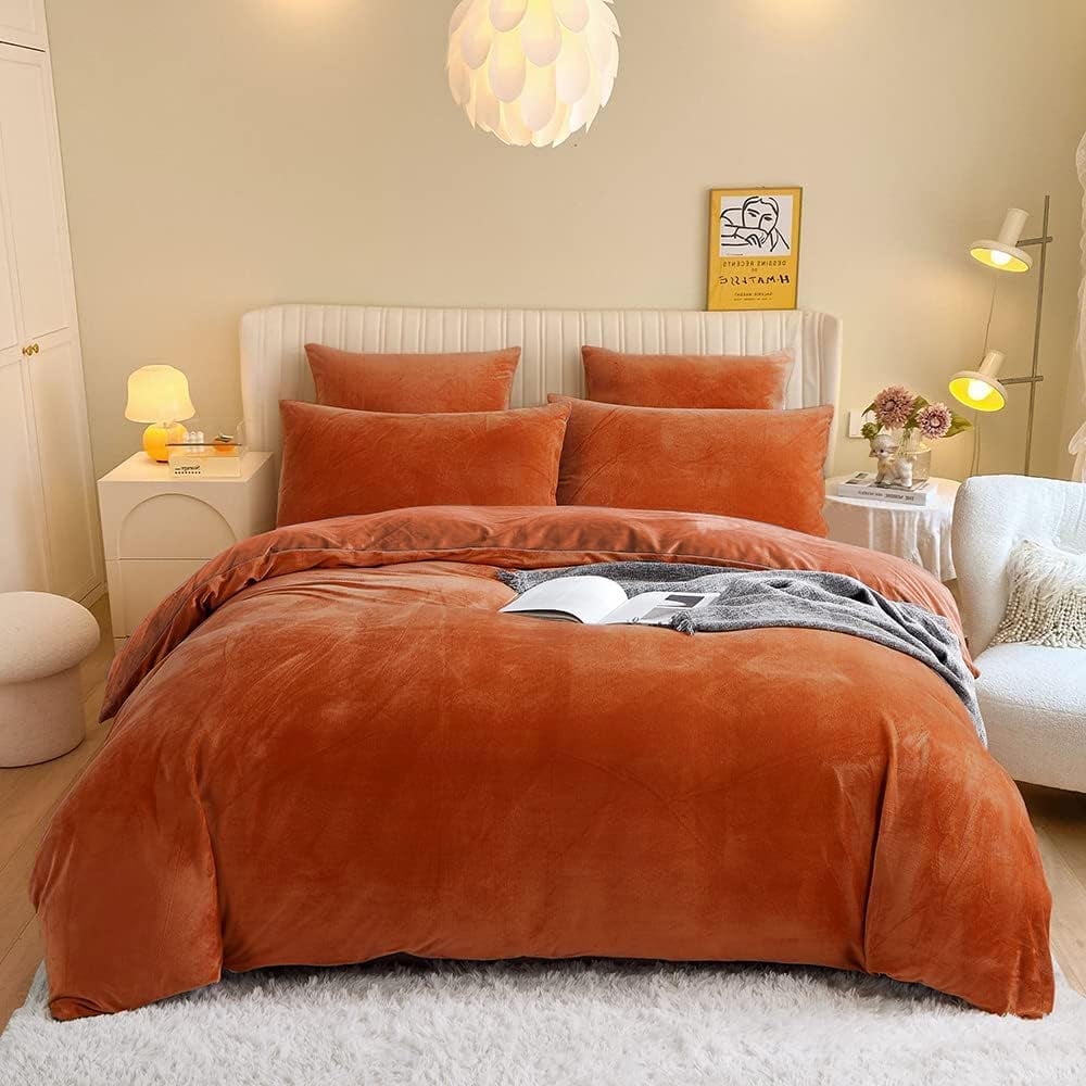 Soft Flannel Caramel Duvet Cover with Zipper Solid Breathable Velour Comforter Cover,Queen Size