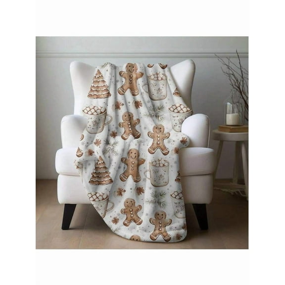 Soft Flannel Christmas Blanket With Gingerbread Man, Hot Cocoa & Tree Patterns - Warm Cozy Throw For Couch Bed Sofa - Festive Winter Holiday Decorative Fleece Blanket(280 Gsm)