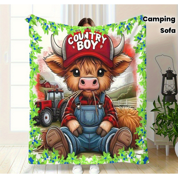 Soft Flannel Cow Blanket with Cartoon Cow & Red Tractor "Let's Go" Design - All-Season Warm Throw for Bed, Sofa, Camping - Green Accents, White Background, Cozy Home Decor