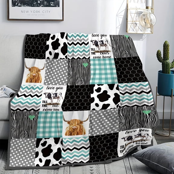 Soft Flannel Cow Print Farmhouse Blanket - All-Season Bedspread with Black & White Cow Spots, Turquoise Gingham & Brown Highland Cow Design - Cozy Couch Throw or Bed Cover for Home Decor Gift
