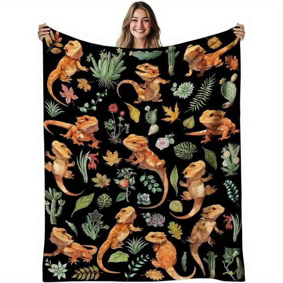 Soft Flannel Dragon Blanket – Vibrant Bearded Dragon & Desert Plant Design, Warm Throw for Reptile Lovers, Perfect Gift for Youngsters, Sofa, or Bedroom Decor, 40x50 Inches, 280gsm, Machine Washable