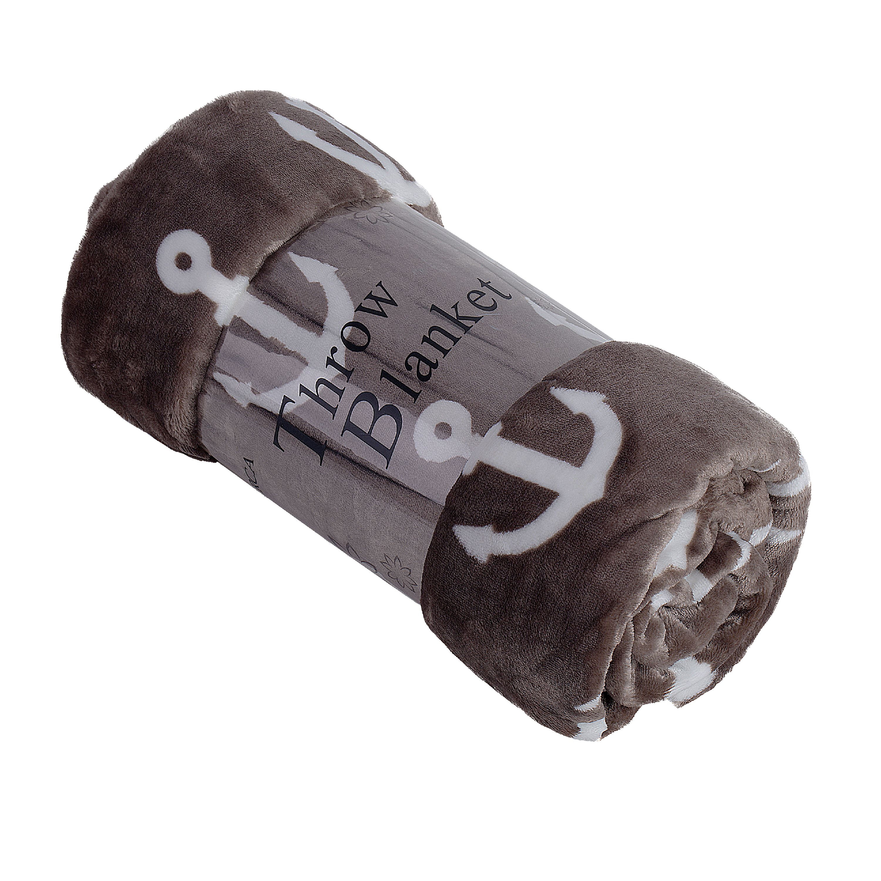Soft Flannel Fleece Throw Blanket, 50" x 60", Brown with White Anchors, 1 Piece