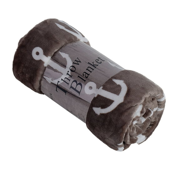 Soft Flannel Fleece Throw Blanket, 50" x 60", Brown with White Anchors, 1 Piece