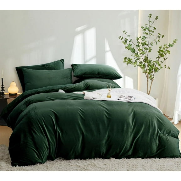 Soft Flannel Forest Green Duvet Cover with Zipper Solid Breathable Velour Comforter Cover,Queen Size