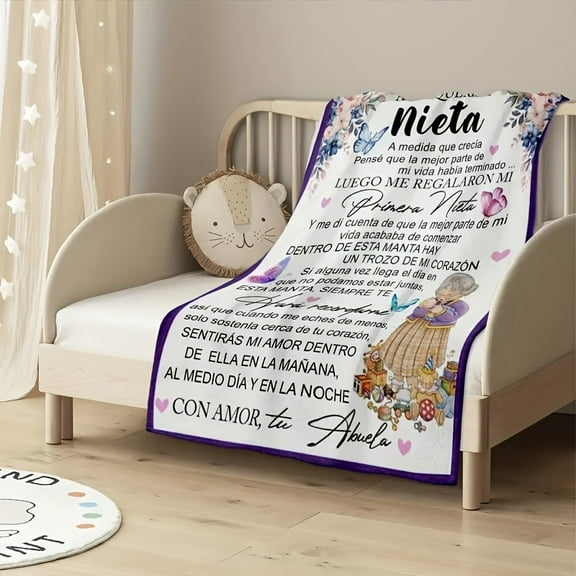 Soft Flannel Grandma's Love Gift Blanket - Spanish Floral Print with Messages, Lightweight All-Season Throw in Purple Blue Pink White, for Bed Sofa Travel Birthday - Vintage Butterfly Floral Design