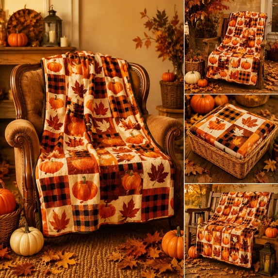 Soft Flannel Halloween Blanket, 39x27 Inch Lightweight Plush Lap Throw, Vintage Checkered Pumpkin Maple leaves for Autumn Home Decor