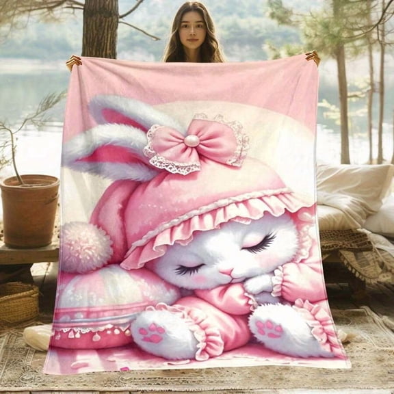 Soft Flannel Rabbit Plush Blanket - 3D Shed-Resistant Rabbit Design with Floral Accents, Cozy All-Season Throw for Home Decor, Gift for Birthday Valentine's Day, Modern Animal Theme