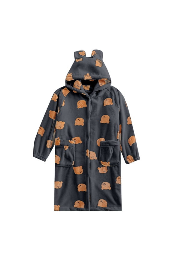 Soft Flannel Robe Long Winter Warm Bathrobe With Bear Print Home Loungewear Cozy Sleepwear For Cold Weather
