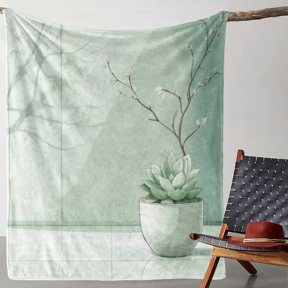 Soft Flannel Succulent Print Blanket - Mint Green Botanical Throw for Sofa, Bed, Travel, Camping - Lightweight All-Season Cozy Indoor Outdoor Blanket, Machine Washable Home Decor Gift