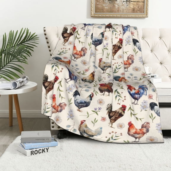 Soft Flannel Throw Blanket 50x40 Inch, Watercolor Rooster Chicken Farm Animal Plush Blanket, Cozy Warm Lightweight Blanket for Couch Sofa Bed Office