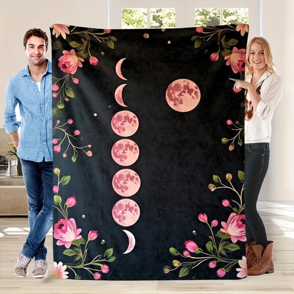 Soft Flannel Throw Blanket: Celestial Phases & Pink Florals on Navy, 280gsm Lightweight All-Season Cozy Bedspread for Home & Travel