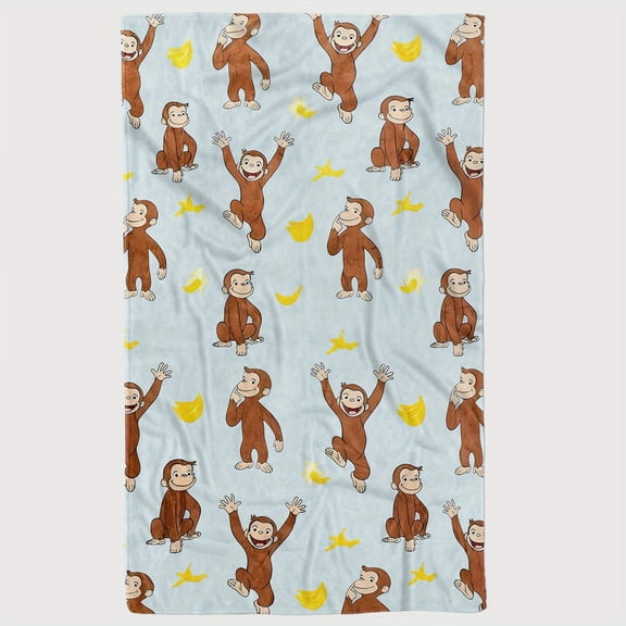 Soft Flannel Throw Blanket - Curious George Monkey & Banana Pattern, Cozy Light Blue Cartoon Design for Sofa, Bed, Office - Perfect Gift