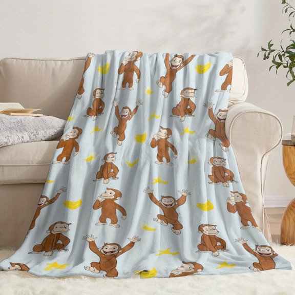Soft Flannel Throw Blanket - Curious George Monkey & Banana Pattern, Cozy Light Blue Cartoon Design for Sofa, Bed, Office - Perfect Gift