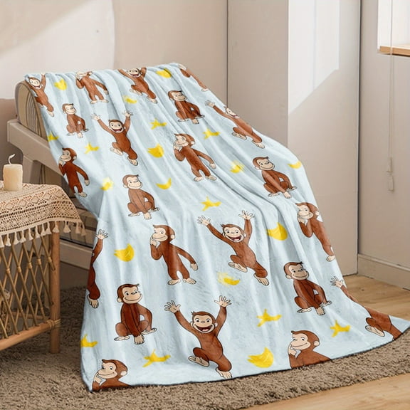 Soft Flannel Throw Blanket - Curious George Monkey & Banana Pattern, Cozy Light Blue Cartoon Design for Sofa, Bed, Office - Perfect Gift