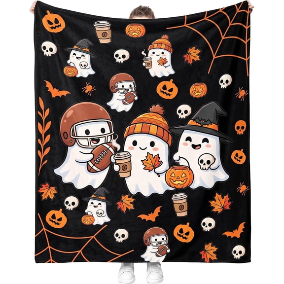 Soft Flannel Throw Blanket Cute Ghost Football Pumpkin Halloween Print Plush Warm Cozy Blanket Home Couch Fall Decor Gift