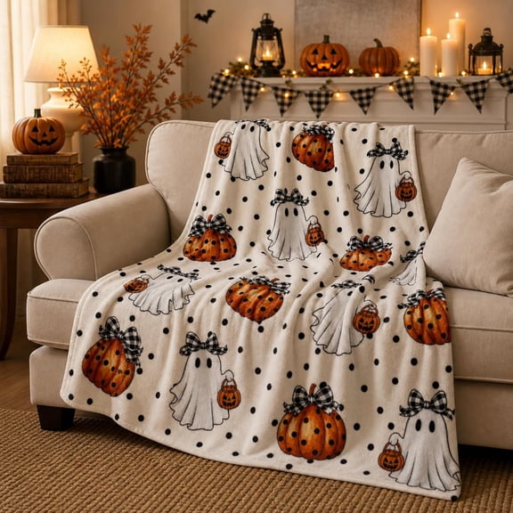 Soft Flannel Throw Blanket Cute Ghost Pumpkin Polka Dot Print Warm Cozy Blanket for Halloween Home Decor for Couch Bed Living Room 60x80 inches