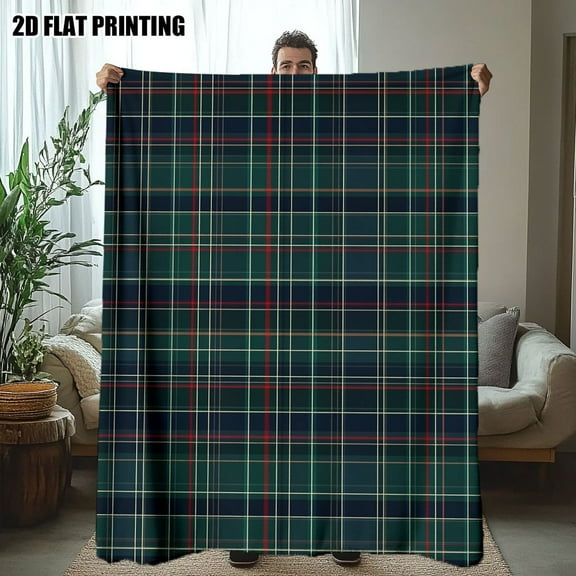 Soft Flannel Throw Blanket - Dark Green & Navy Blue Plaid Pattern, All-Season Cozy Warmth for Bed, Sofa, Office - Luxury Home Decor Accent in Green & Blue Color Scheme, Throw Blanket for Couch