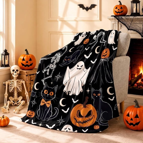 Soft Flannel Throw Blanket Ghost Black Cat Skeleton Pumpkin Bat Moon Halloween Print Plush Warm Cozy Blanket Couch Home Decor Gift