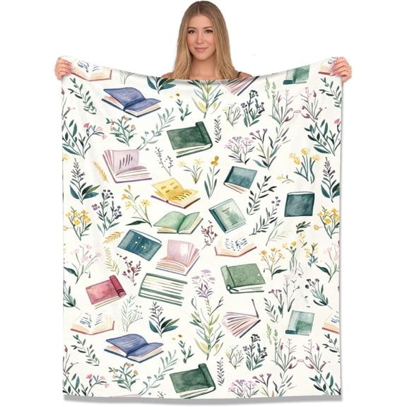Soft Flannel Throw Blanket Watercolor Book and Wild Floral Pattern Cozy Warm Blanket for Book Lovers for Couch Bed Sofa Home Decor 30x40 inches