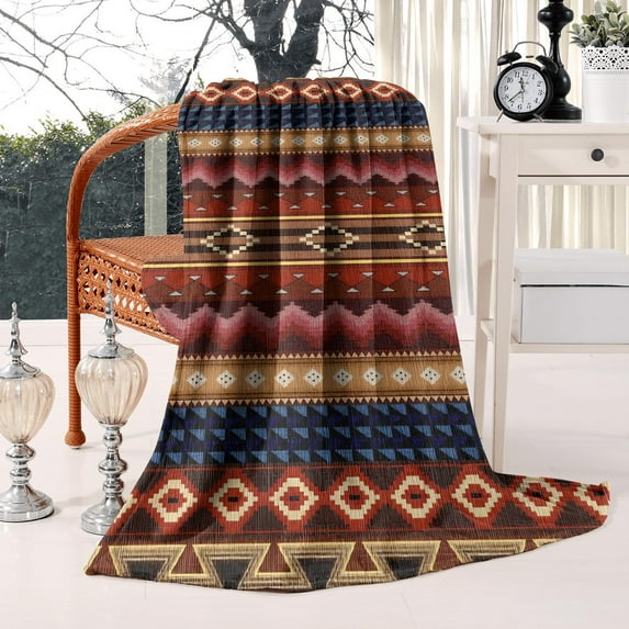 Soft Flannel Throw with Boho Stripes -50x60in Blanket Warm Bed Blanket for Couch Sofa - Lightweight, Vintage Abstract Design