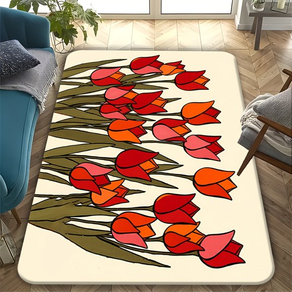 Soft Flannel Tulip Flower Non-Slip Floor Mat - Machine Washable Plush Rug for Living Room, Bedroom, Kitchen, Hallway, Entryway, Laundry, Yoga Studio - Durable Easy Clean Modern Home Decor
