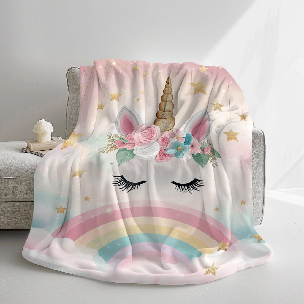 Soft Flannel Unicorn Blanket - 1pc, Digital Print, Polyester, Quilting