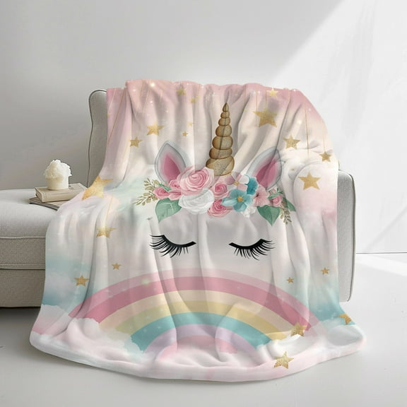 Soft Flannel Unicorn Blanket - 1pc, Digital Print, Polyester, Quilting Craft, 200-250gsm, Contemporary Style with Rainbow, Stars & Clouds Pattern
