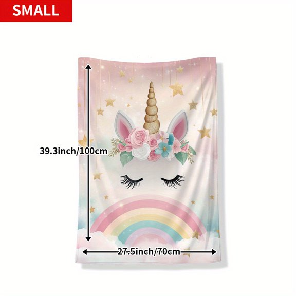 Soft Flannel Unicorn Blanket - Digital Print Polyester Quilt, 200-250gsm, Rainbow Stars Clouds Pattern, All-Season Cozy Throw for Home Office Travel Camping