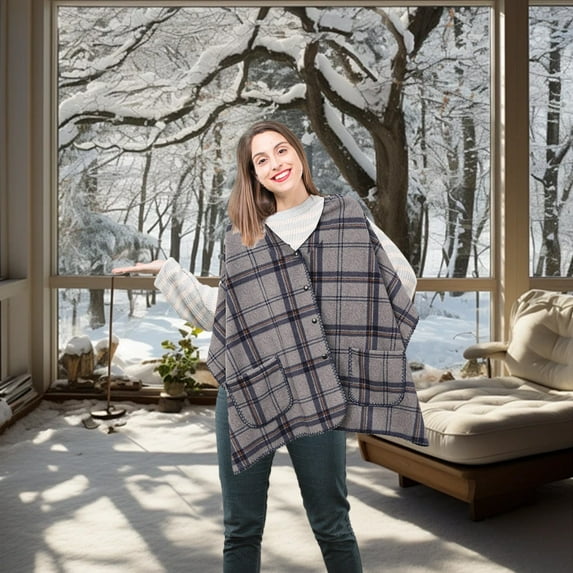 Soft Flannel Wearable Blanket Shawl Wrap Cape with Button Closure for Home Office Travel Camping