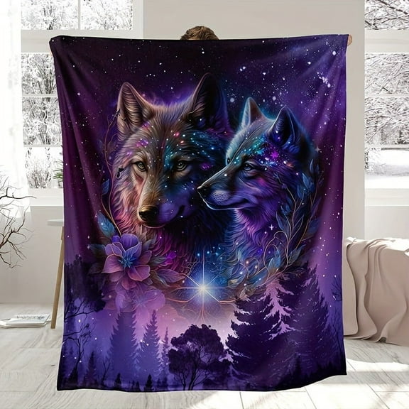Soft Flannel Wolf Starry Sky Print Blanket Multi-purpose Fashion Throw Blanket for Couch Sofa Office Bed Camping Travel Warm Nap Blanket for All Season Gift