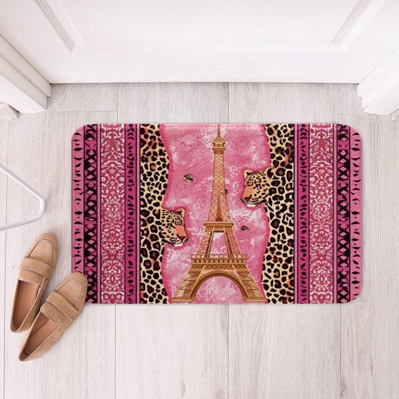 Soft Fleece Bath Rug with Geometric Stripes and Glitter Leopard Print, Non Slip Polyester Bathroom Floor Mat Doormat, Pink, 16x24 Inch
