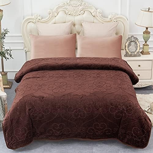 Soft Fleece Blanket Queen Size - Fluffy Flannel Fleece Bed Blanket, 75" x 91", 3.5 lbs, 1 Layer, Cozy Fuzzy Warm Breathable Home Bedding Decor for All Season, Embossing Design-Coffee