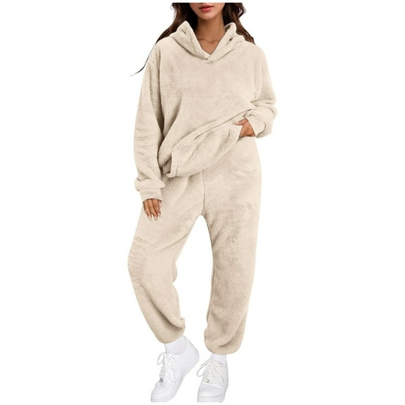 Soft Hooded Pullover and Lounge Pants Women's Beige Two Piece Sleep Set with Pockets