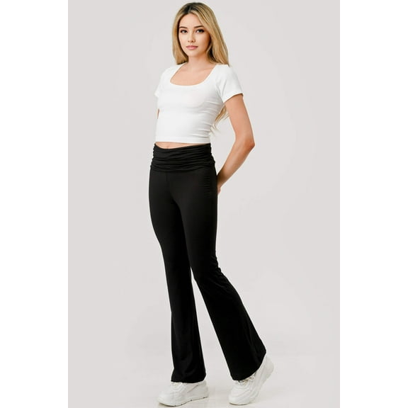 Soft Fleece Lined Fold Over Ruched Waist Flare Pants - Black