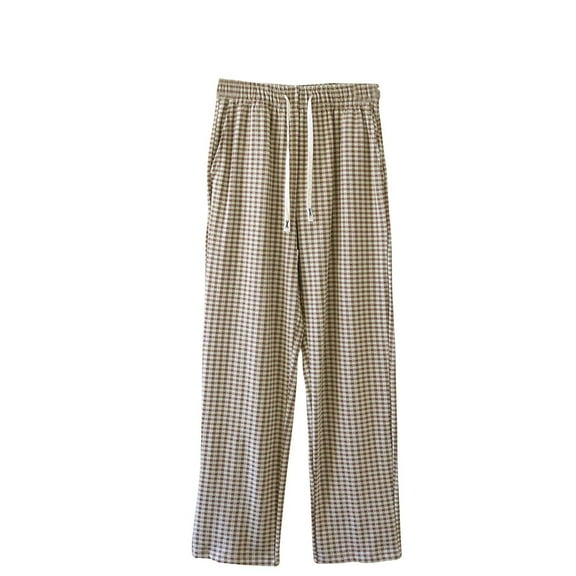 Soft Fleece Pajama Pants Mens Plaid Sleep Lounge Pants with Pockets Casual Wide Leg Sleepwear Bottoms Khaki, M