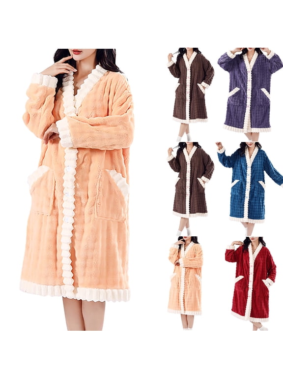 Soft Fleece Robes for Women Winter Warm Wrap V-Neck Button-up Bathrobe with Pockets Long Sleeve Mid Length Thick Robe Nightgown