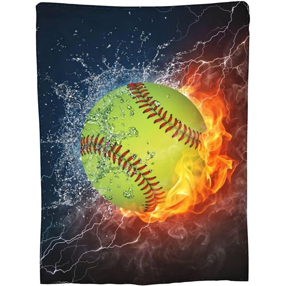 Soft Fleece Softball Blanket Fire And Water Lightning Sports Throw Blanket For Couch Bed